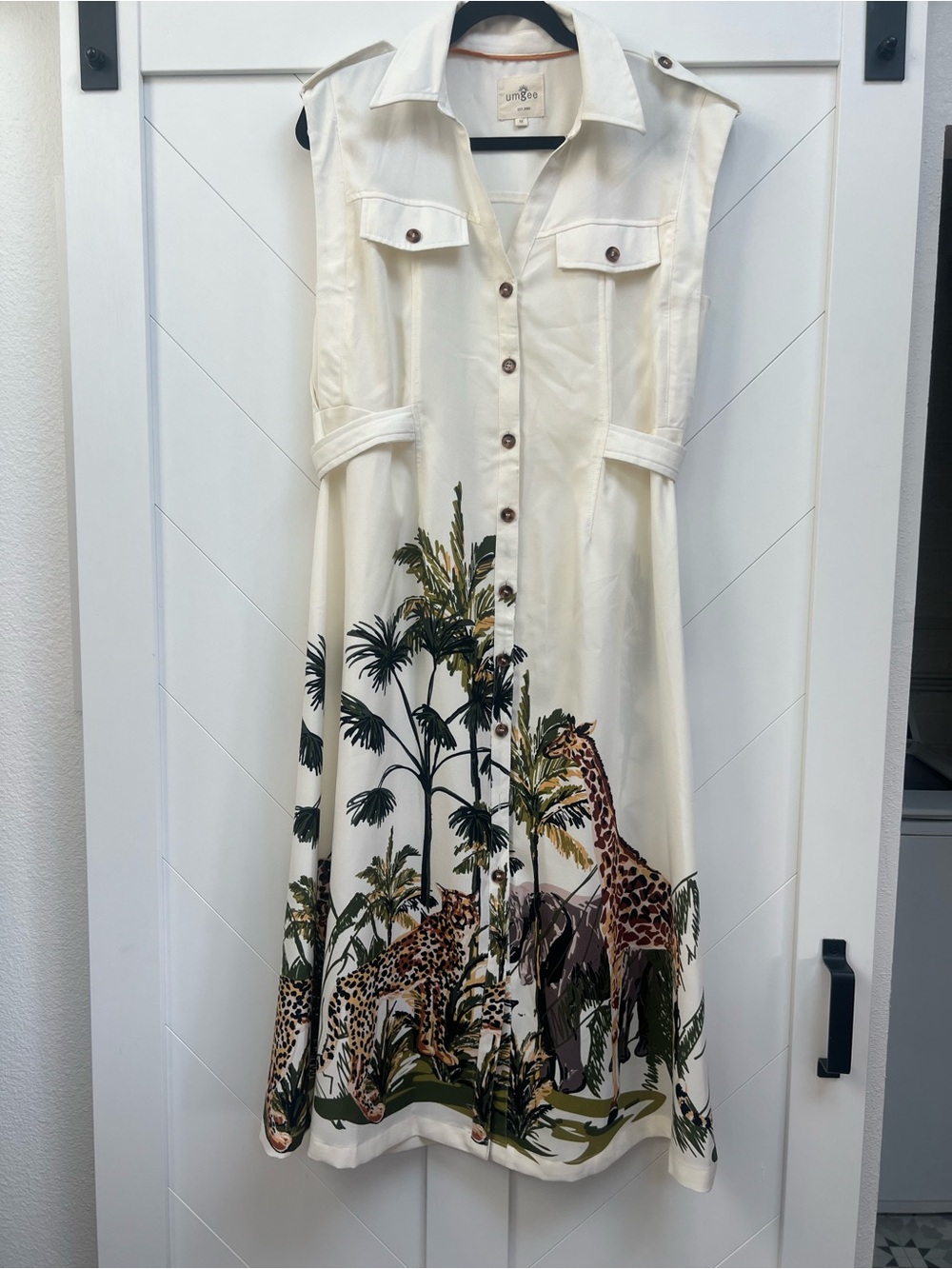 Umgee Cream Safari Button-Front Midi Dress with Jungle Print
